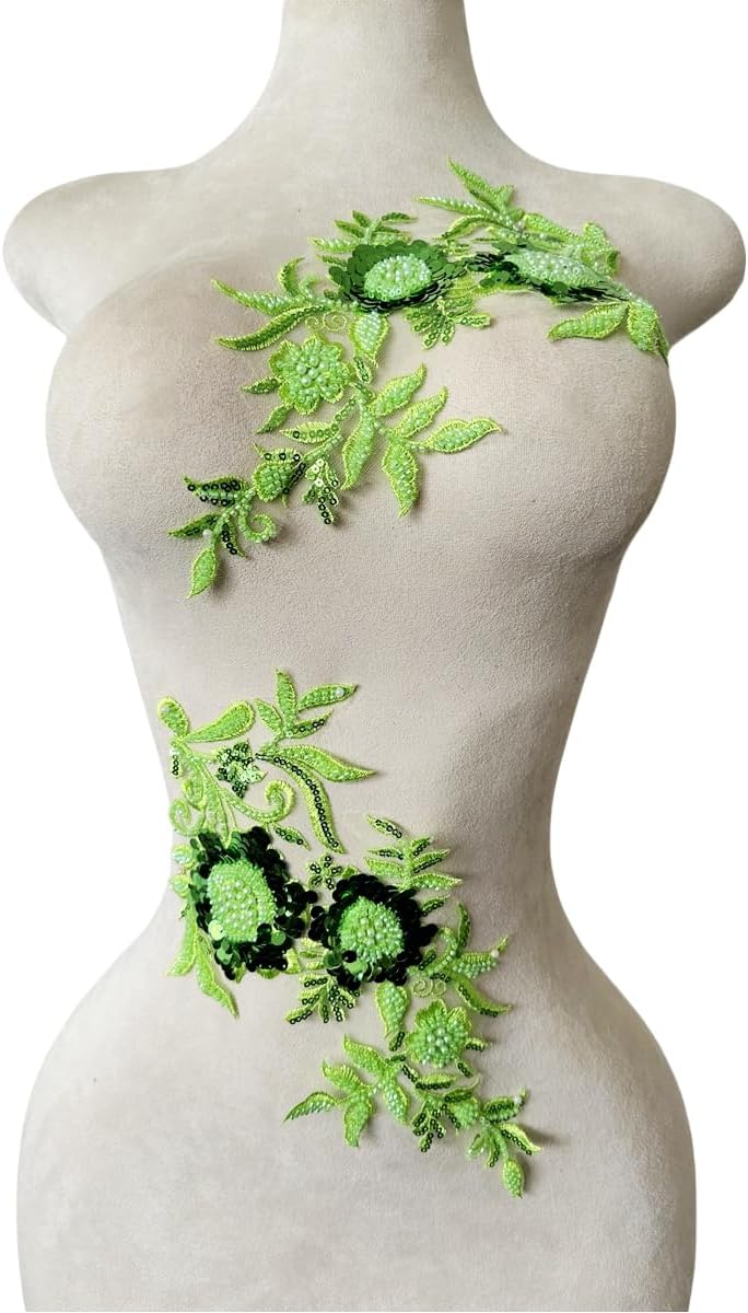 wtbvn Sewing Beads lace Applique one Pair sew on Pearl Trimming Patch Decorative Accessories for Clothes 2pieces/Bag 11.8X7.08inches (Light Green) - Image 1